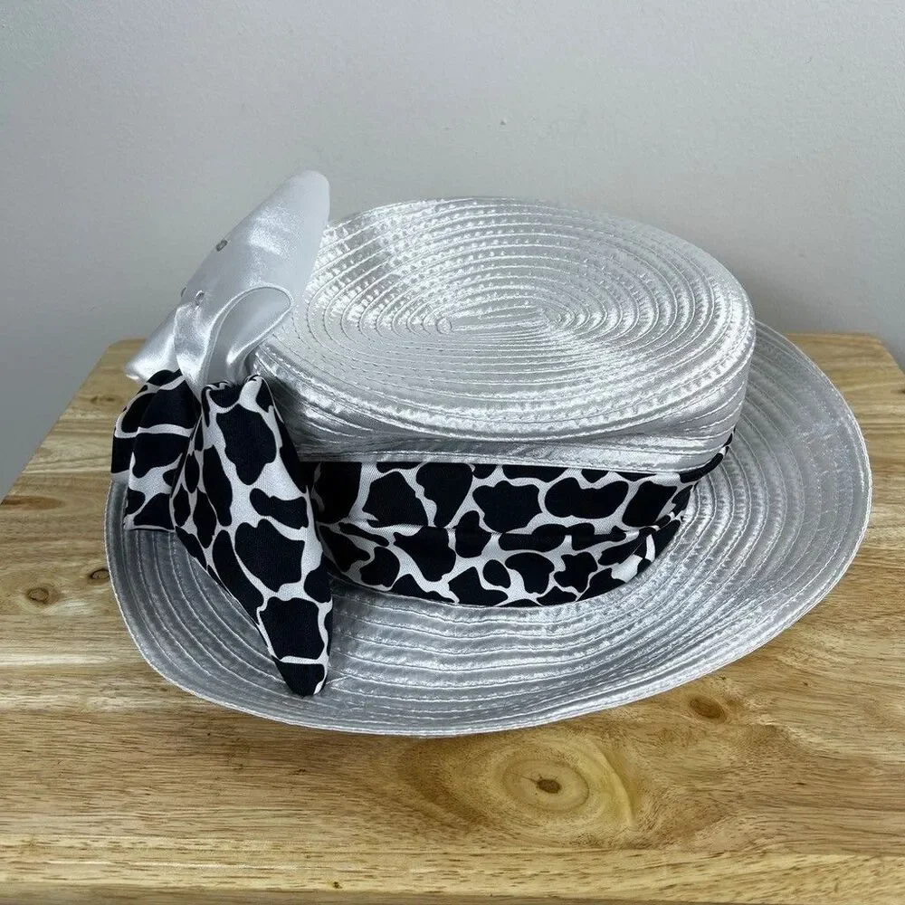 Regalia Womens Church Hat White Satin Ribbon Cow Print Bow Rhinestone Pillbox